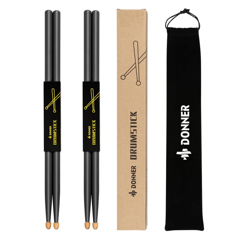 Donner Drum Sticks, 5A Drumsticks Classic Maple Wood Black Drumsticks With Storage Bag, 2 Pairs - Image 2